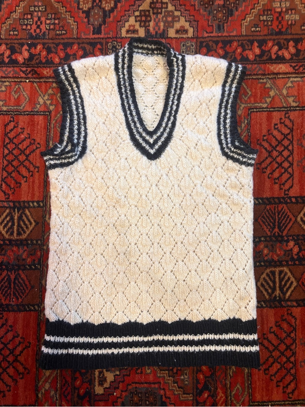 Handmade Wool Cream V-Neck Sweater Vest with Black Trim